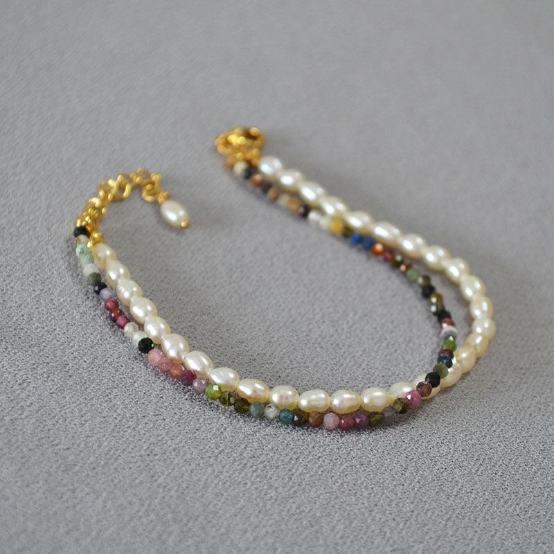 Freshwater Orzo Pearl Colorful Tourmaline Beaded Bracelet - BUNNY BAZAR