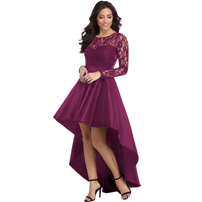 Round Neck Long Sleeve Lace Dovetail Satin Ball Party Dress - BUNNY BAZAR