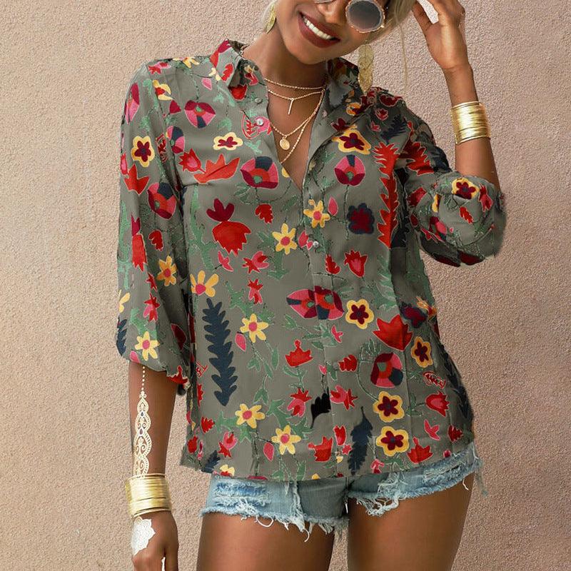 Printed Long Sleeve Lapel Collar Fashion Casual Loose Shirt - BUNNY BAZAR