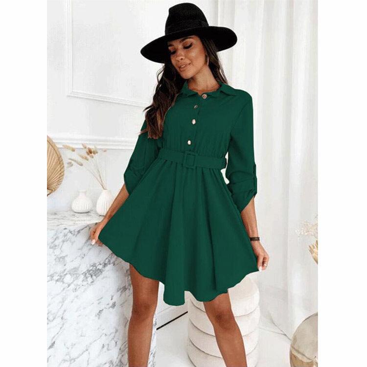 Long Sleeve Roll Sleeve Waist Shirt Belt Dress Women's - BUNNY BAZAR