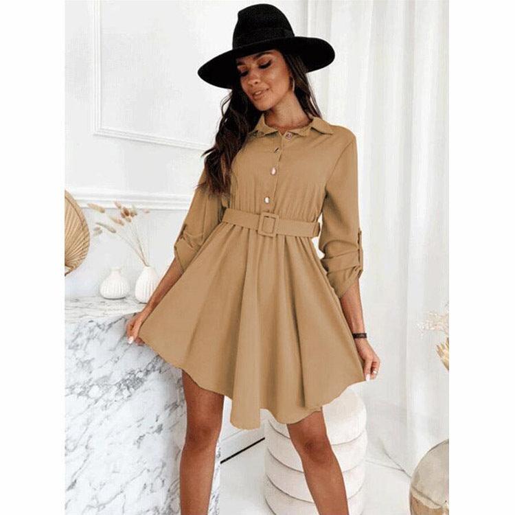 Long Sleeve Roll Sleeve Waist Shirt Belt Dress Women's - BUNNY BAZAR