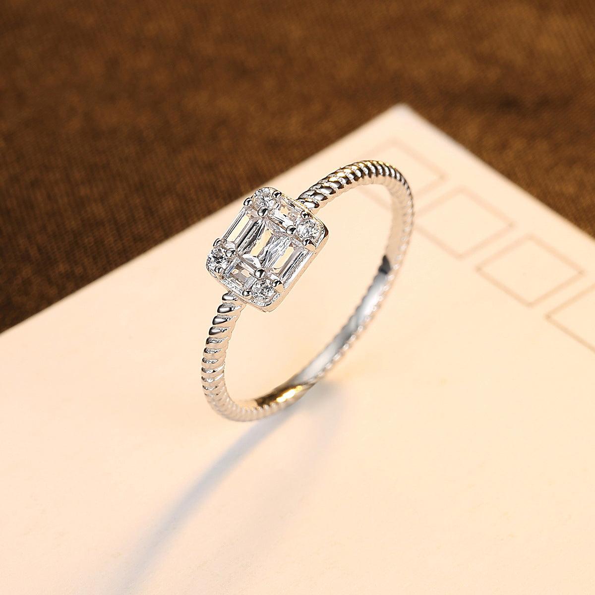Ring Women Silver Simple Square Inlaid Zirconium - BUNNY BAZAR