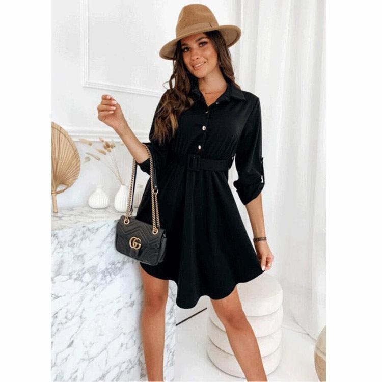 Long Sleeve Roll Sleeve Waist Shirt Belt Dress Women's - BUNNY BAZAR