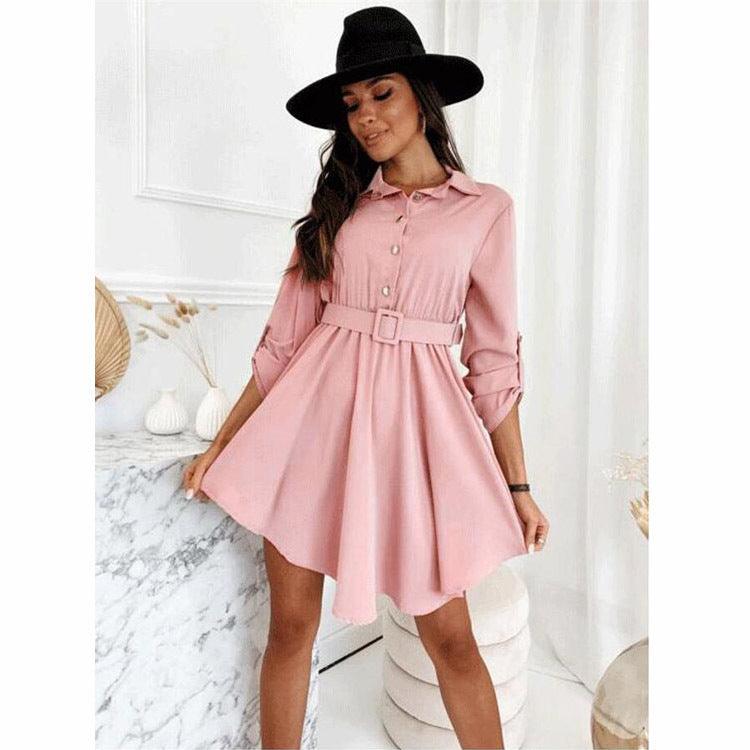 Long Sleeve Roll Sleeve Waist Shirt Belt Dress Women's - BUNNY BAZAR