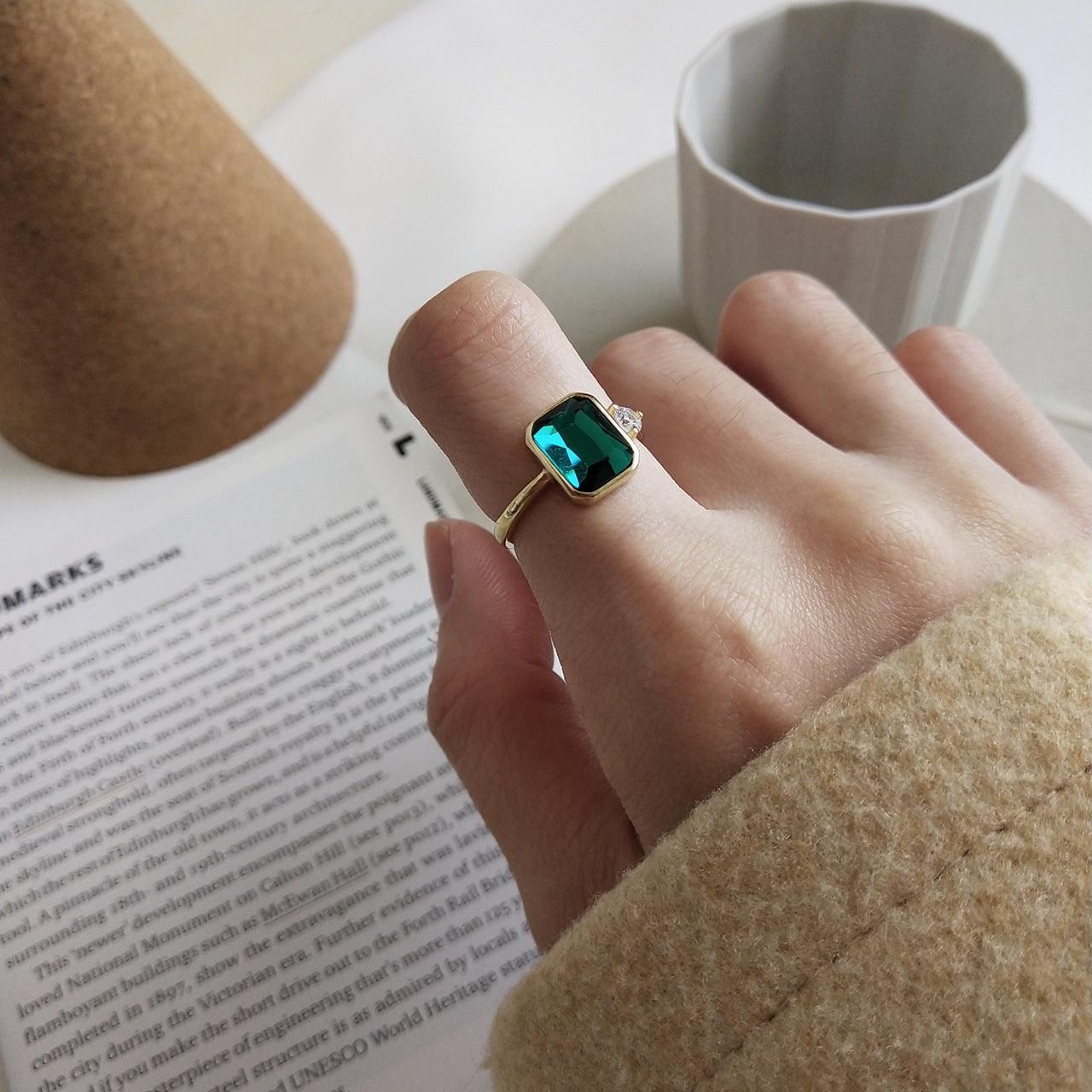 Nordic Style Simple Rectangular Green Diamond Female Silver Ring - BUNNY BAZAR