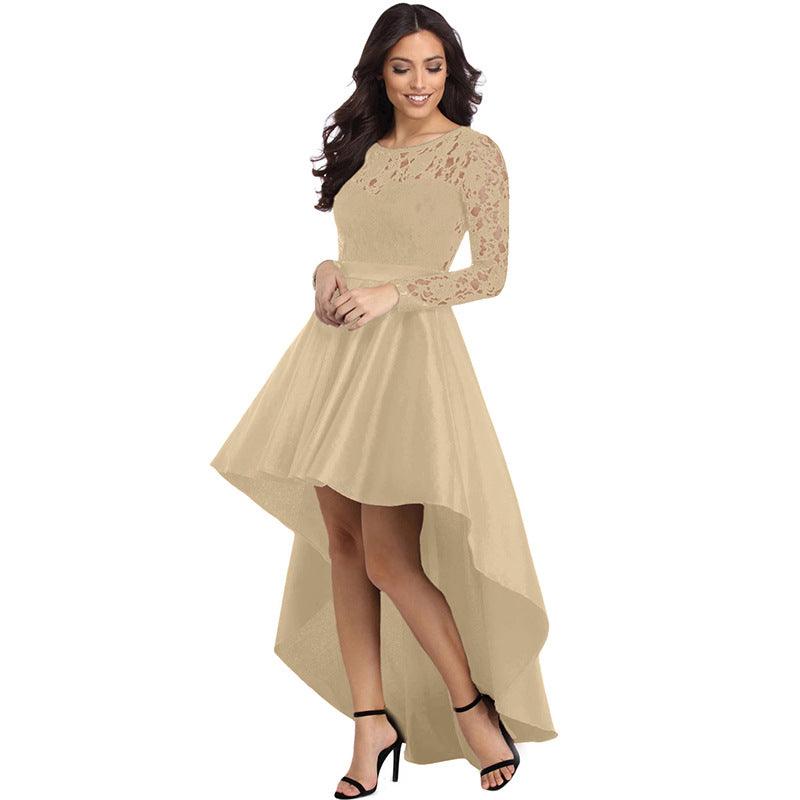 Round Neck Long Sleeve Lace Dovetail Satin Ball Party Dress - BUNNY BAZAR