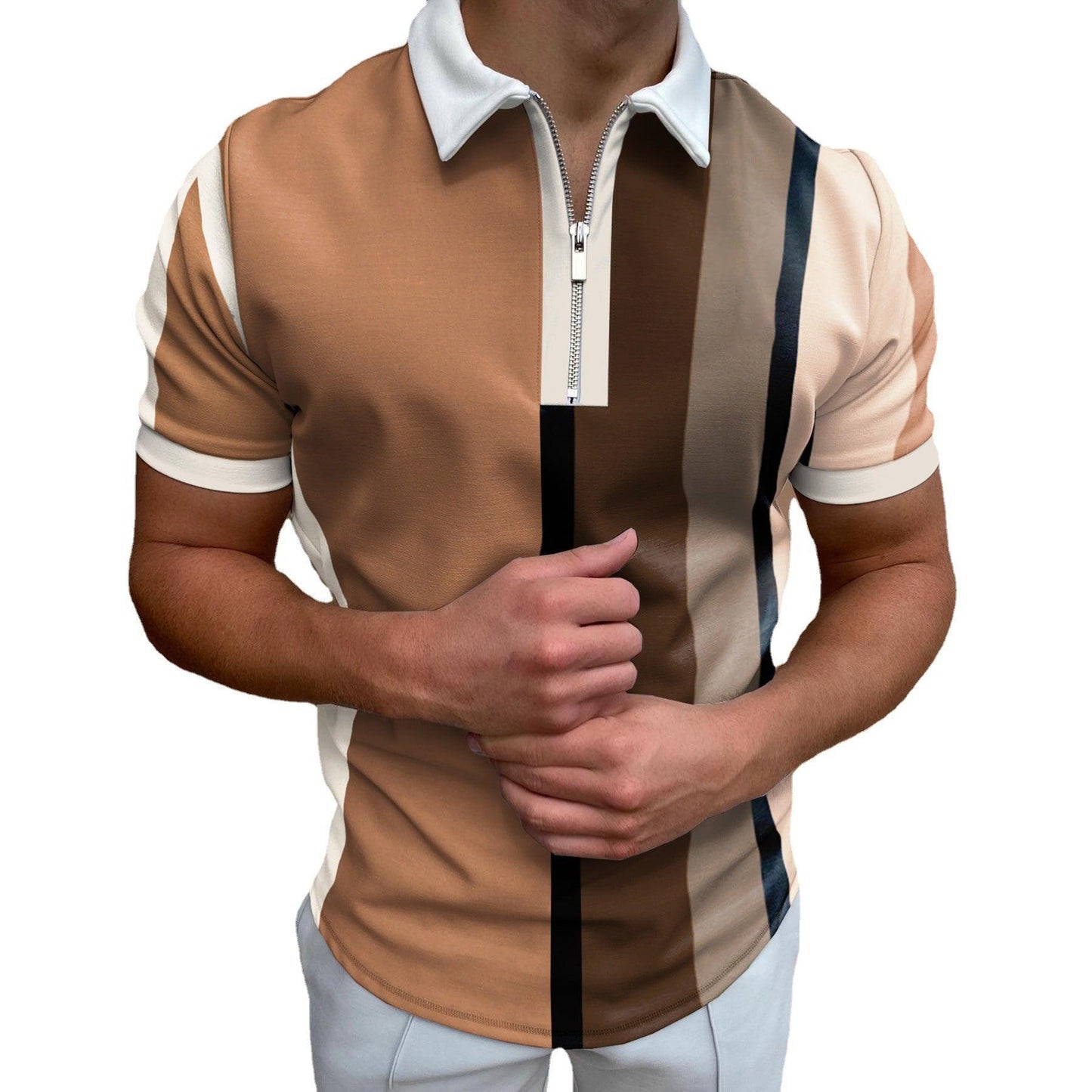 POLO Lapel Casual Short Khaki Striped T-Shirt is Ideal For Any Occasion - BUNNY BAZAR