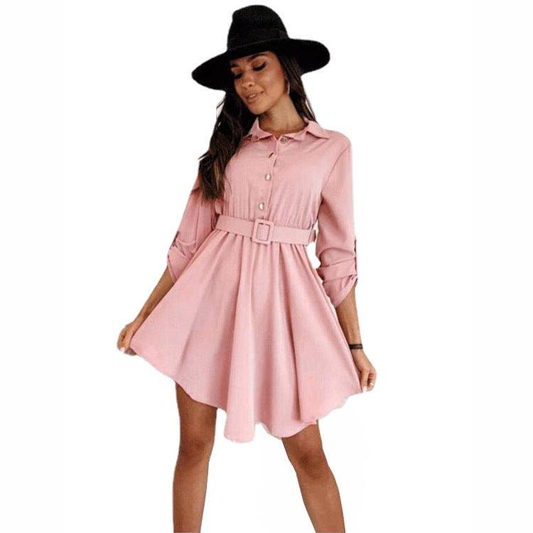 Long Sleeve Roll Sleeve Waist Shirt Belt Dress Women's - BUNNY BAZAR