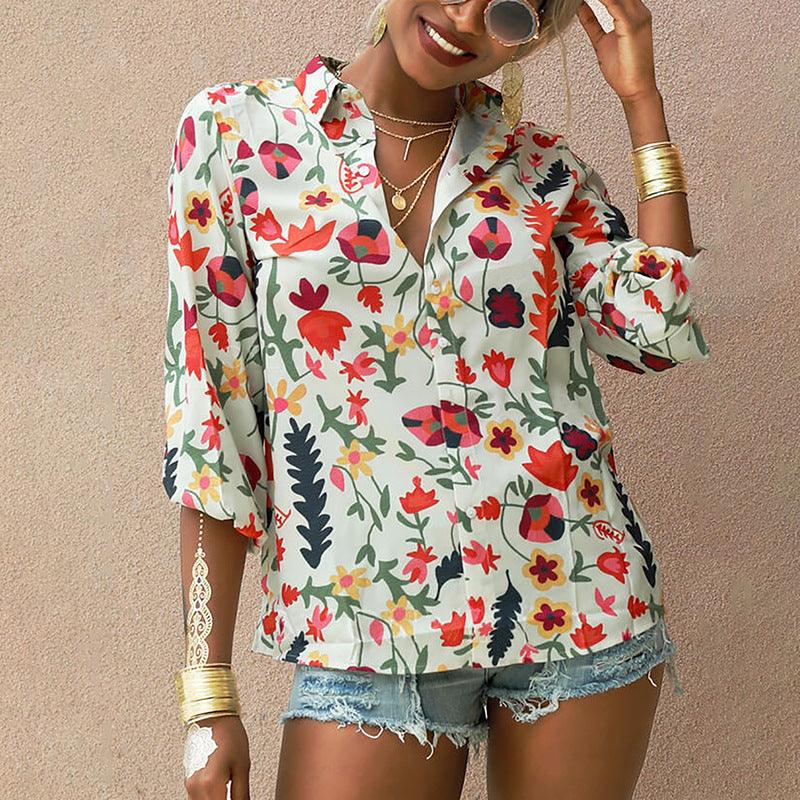 Printed Long Sleeve Lapel Collar Fashion Casual Loose Shirt - BUNNY BAZAR