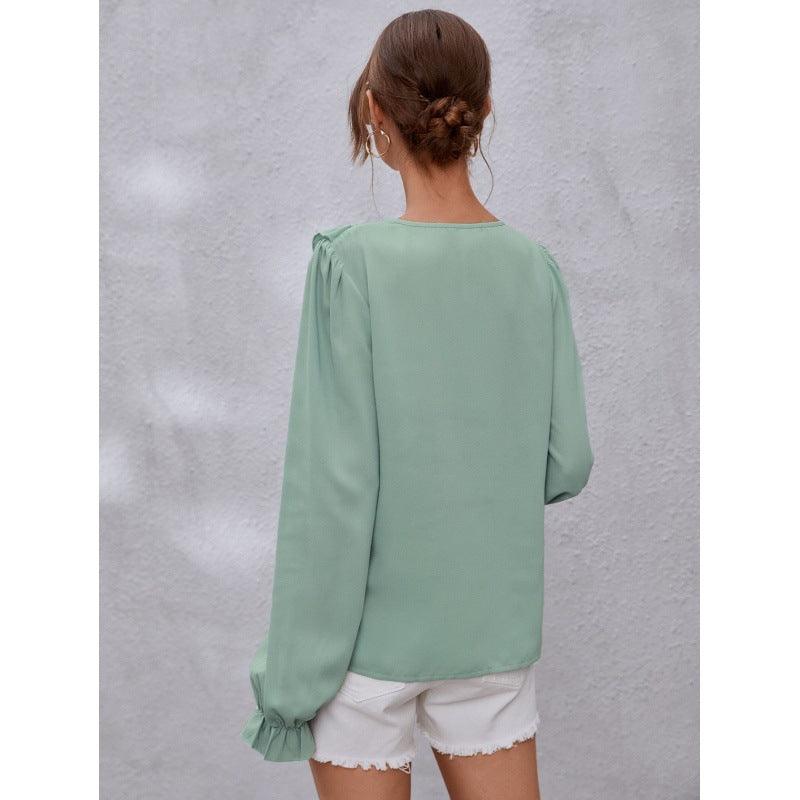 Commuter V-neck Pullover Chiffon Shirt With Wood Ears - BUNNY BAZAR