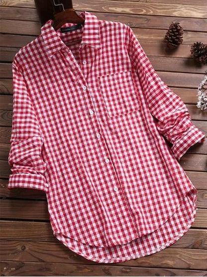 New Style Plaid Lapel Long-sleeved Retro Shirt Button - BUNNY BAZAR