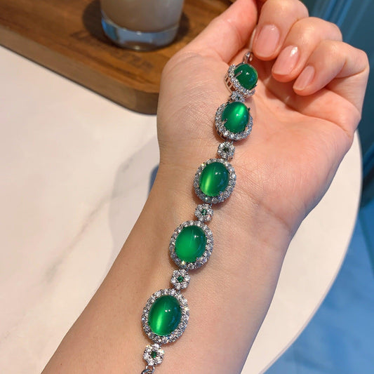 Chalcedony Emerald Green Fluorescent Bracelet Round Diamond Jade Bracelet - BUNNY BAZAR