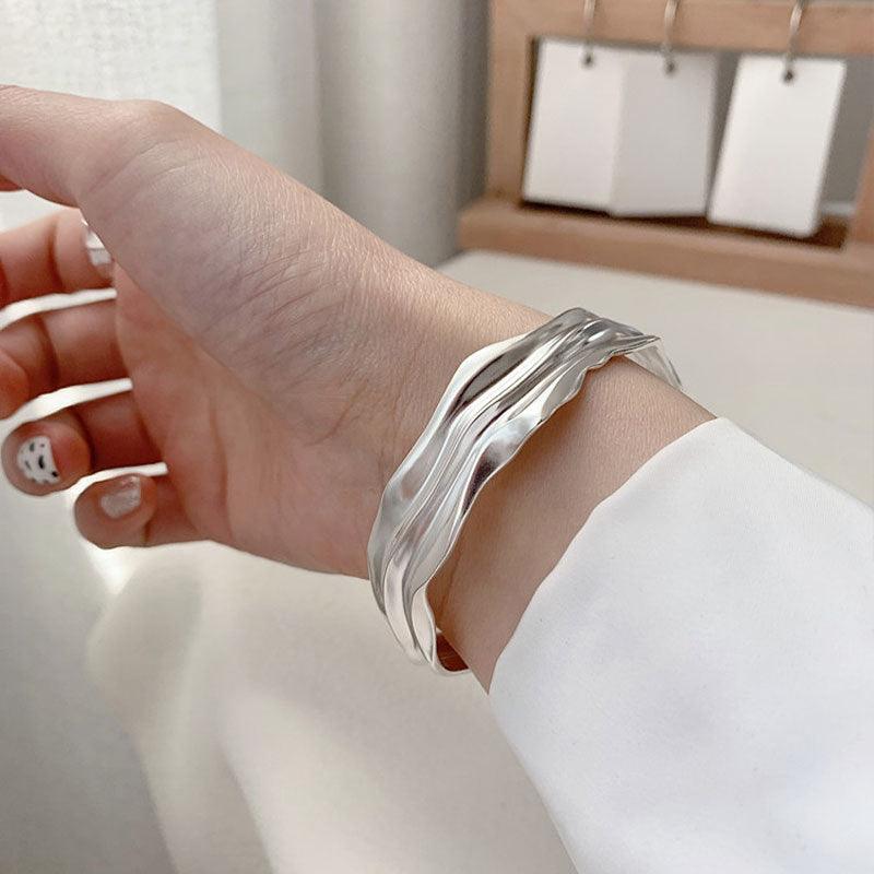 Irregular Fold Texture Opening Wide S925 Sterling Silver Bracelet Women - BUNNY BAZAR