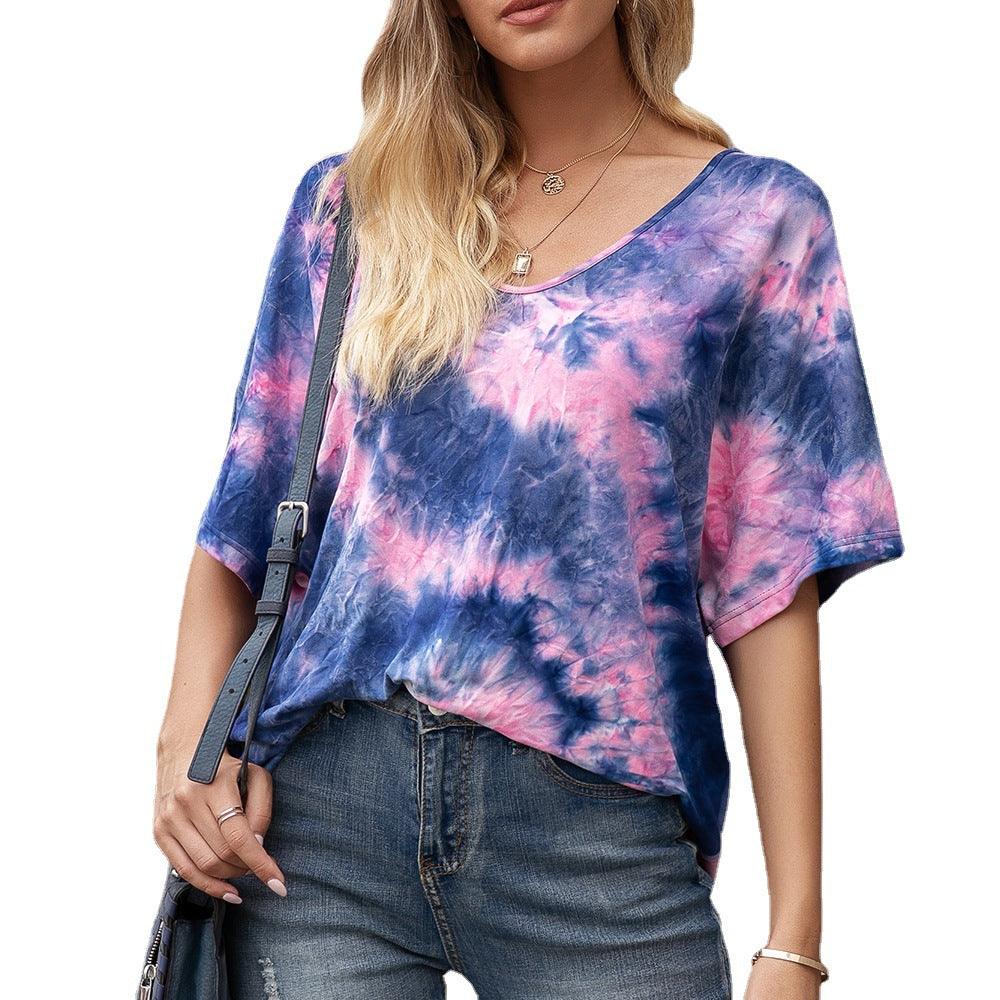 Casual Tie Dye Print Colorful Loose Round Neck Short Sleeve T-Shirt Women - BUNNY BAZAR