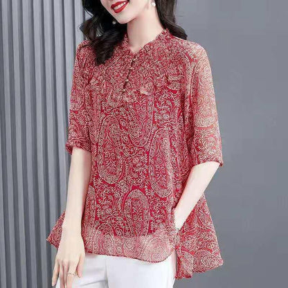 Western Style Floral Chiffon Shirt Fungus Collar Loose Casual Top - BUNNY BAZAR