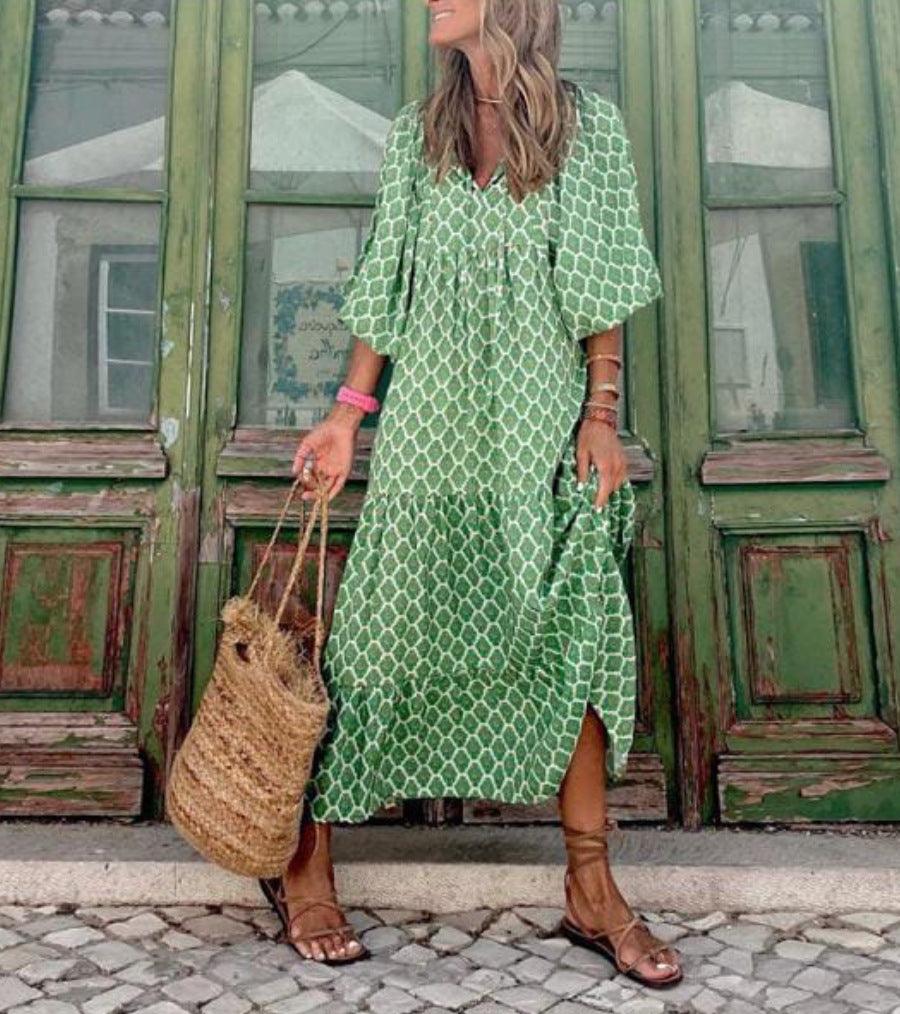 2022 Summer Women's Vintage Printed Bohemian Dress Elegant Ladies Casual Loose V-Neck Half Sleeve Maxi Dresses - BUNNY BAZAR