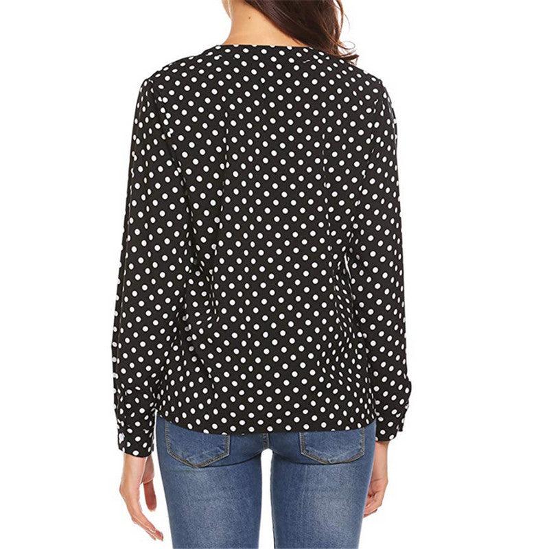 Women's Polka Dot Printed V-neck Long Sleeve Loose Shirt - BUNNY BAZAR