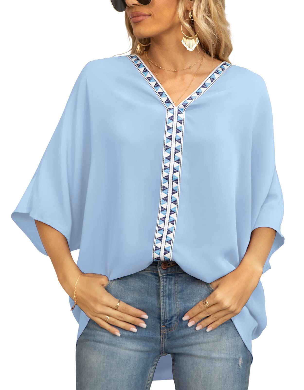 Summer Women's Bat Sleeve Chiffon V-neck Shirt - BUNNY BAZAR