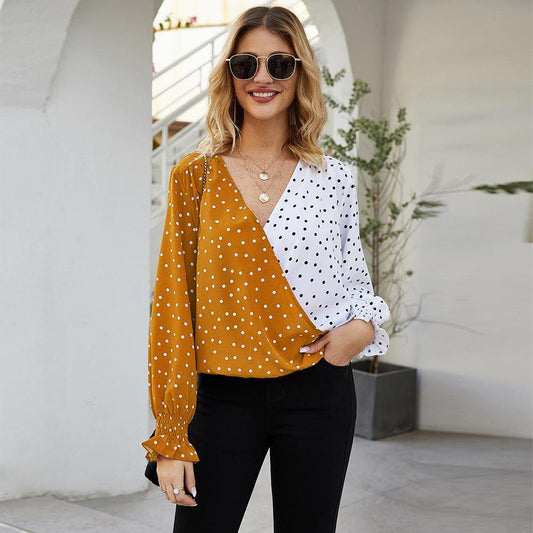 Women's Patchwork Polka Dot Long Sleeve Top Casual Shirt - BUNNY BAZAR