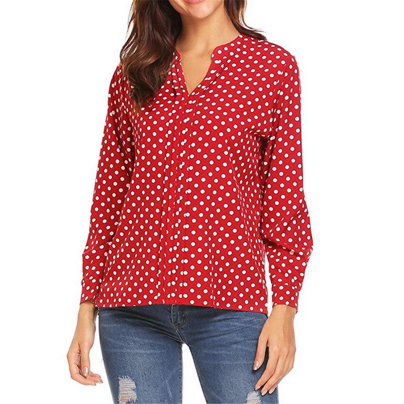 Women's Polka Dot Printed V-neck Long Sleeve Loose Shirt - BUNNY BAZAR