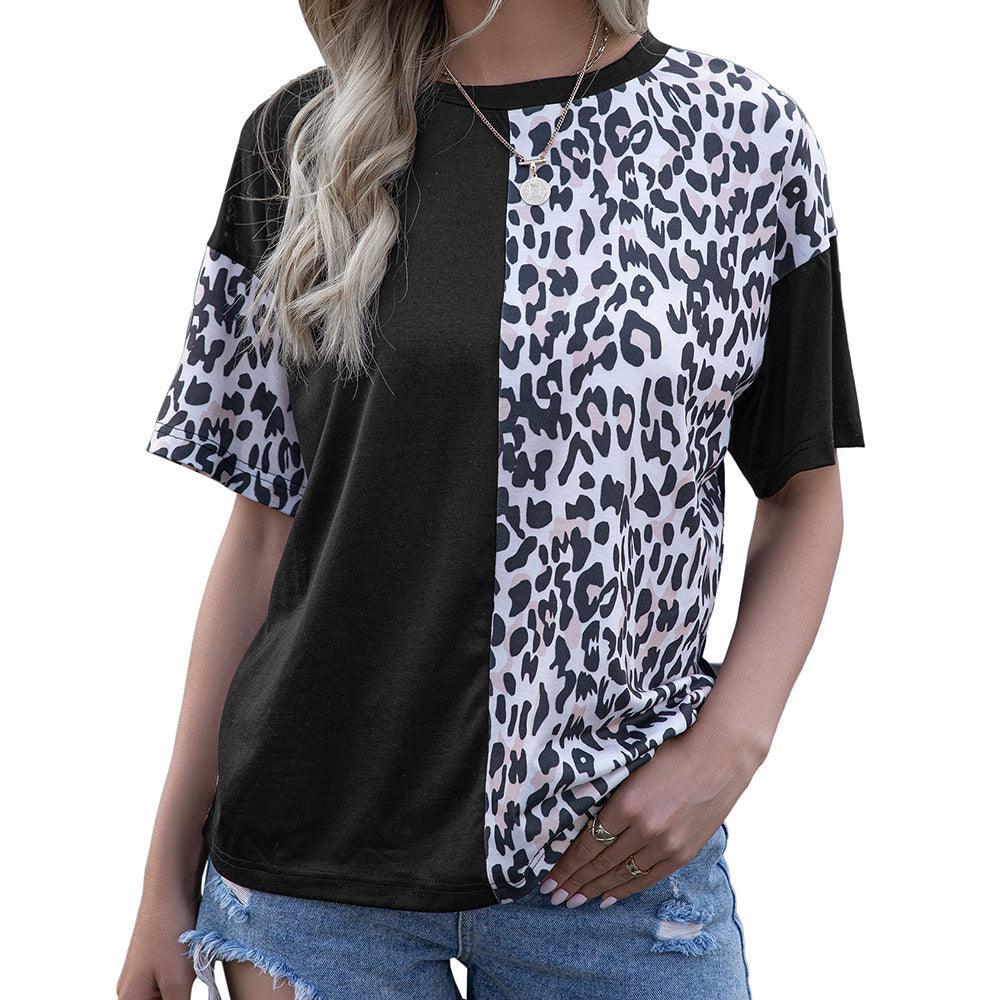 Leopard Print Stitching Crew Neck Short Sleeve T-shirt Women - BUNNY BAZAR