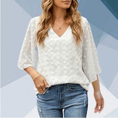 V-neck Three-quarter Sleeves Dotted Chiffon Shirt Blouse Women - BUNNY BAZAR