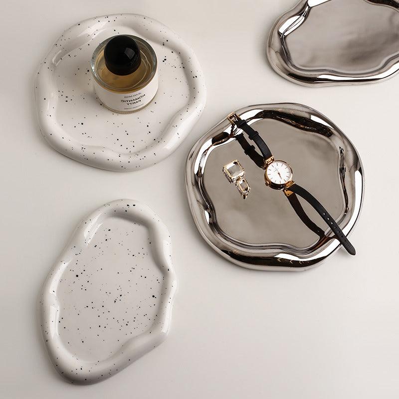 Ins Creative Decoration Dessert Tray Storage Light Luxury Silver Ceramic Jewelry Dessert Decoration Tray - BUNNY BAZAR