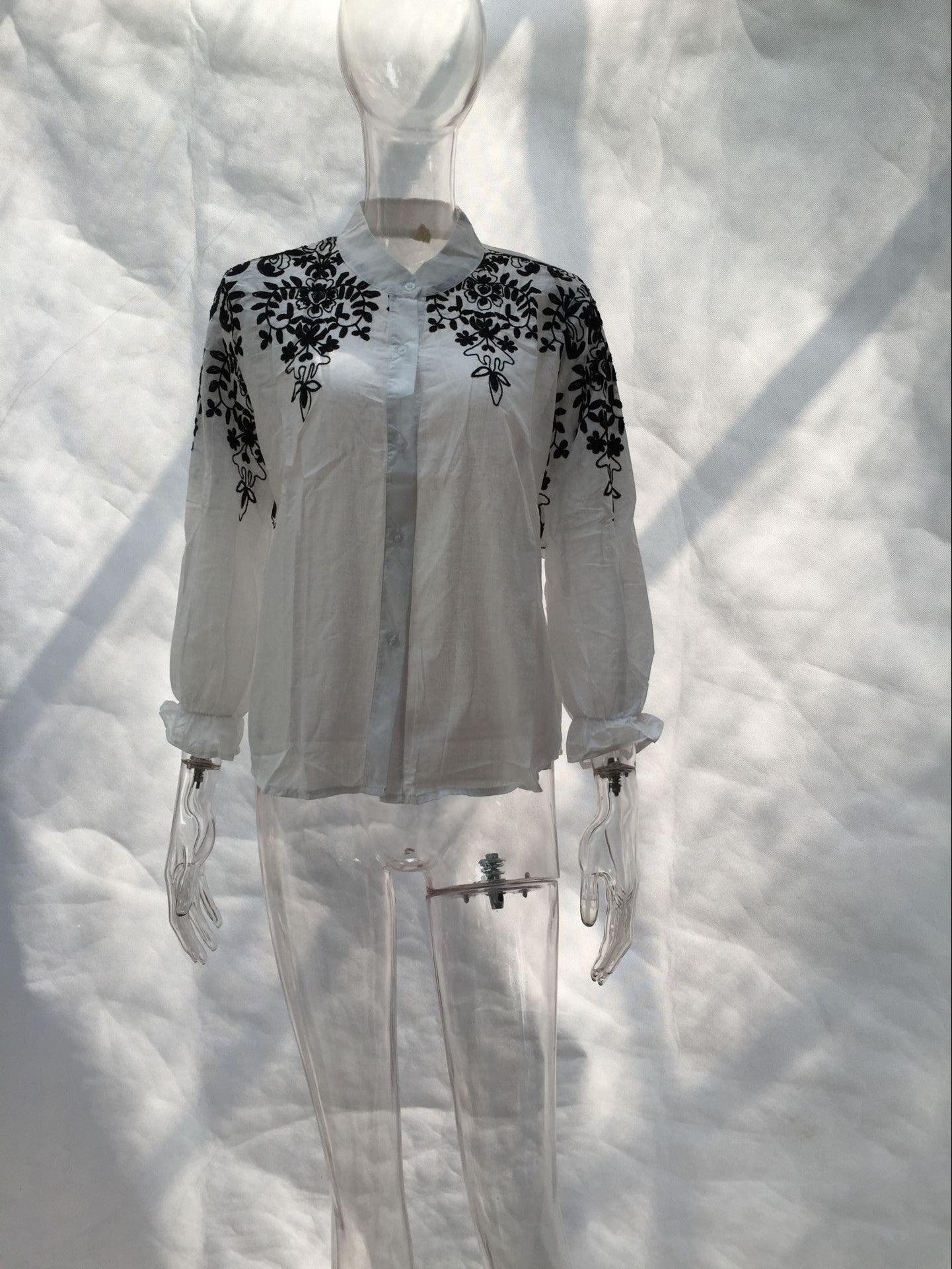 Loose Embroidered Flower Stand-up Collar Base Shirt - BUNNY BAZAR