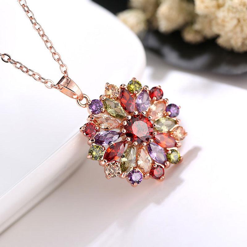 Trendy Rose Gold Zircon Jewelry Earrings Necklace Ring Three Piece Women's - BUNNY BAZAR