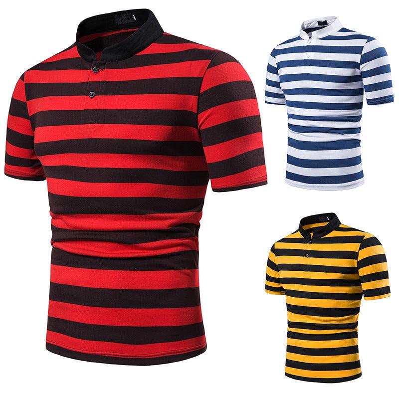 Men's Polo Fashion Thick Stripes Men's Casual Stand-Up Collar Short-Sleeved Polo Shirt - BUNNY BAZAR