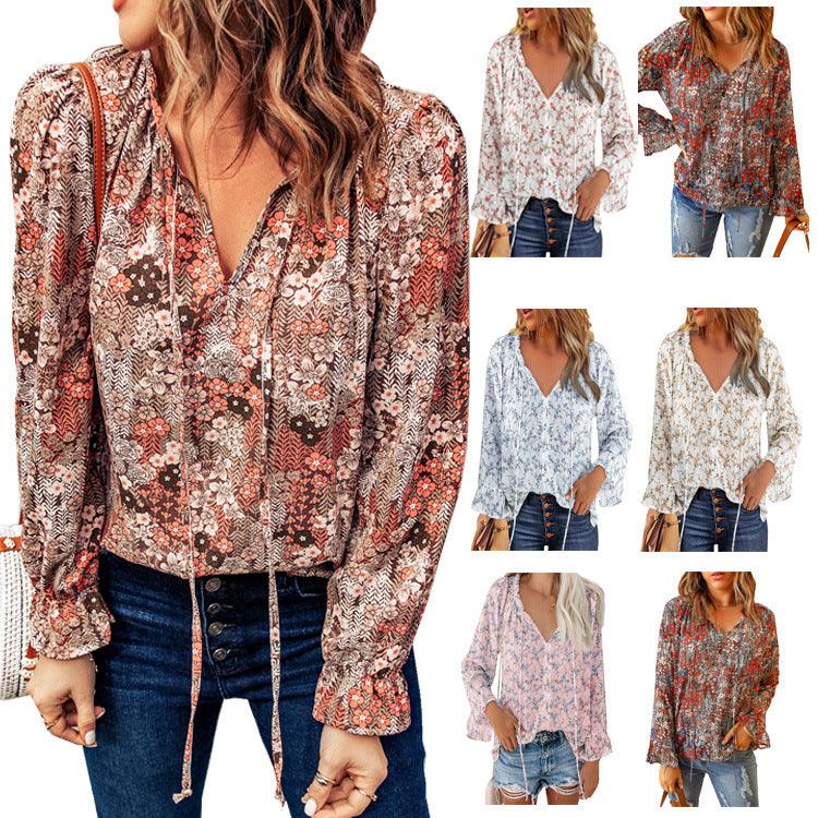 European And American High-end Women's V-neck Printed Top Lantern Sleeves Floral Chiffon Shirt - BUNNY BAZAR