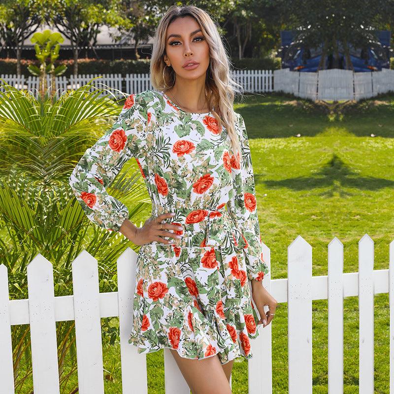 Printed Round Neck Long Sleeve Dress With Lace - BUNNY BAZAR