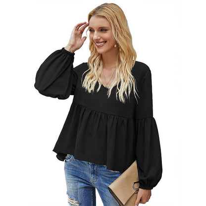 Women's top stitching puff sleeve chiffon shirt women - BUNNY BAZAR