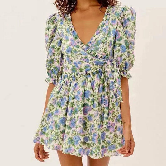 Women Summer Green Floral Chiffon Dresses Holiday Puff Short Sleeve V-Neck Back Lace Up Design Wrap One Piece Dress - BUNNY BAZAR