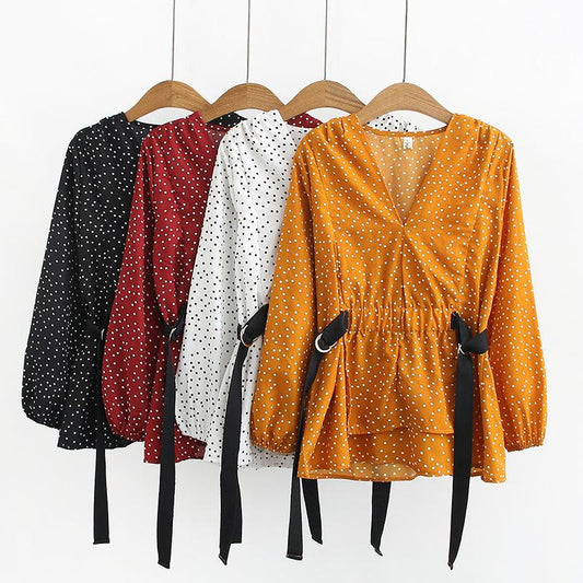 V-neck polka dot streamer long sleeve shirt - BUNNY BAZAR