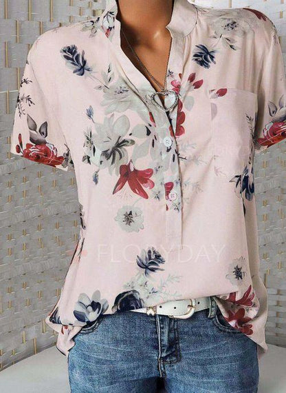 Fashion printed V-neck short sleeve shirt - BUNNY BAZAR