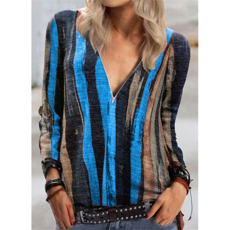 Tie-dye striped printed long-sleeved T-shirt V-neck zipper top women - BUNNY BAZAR