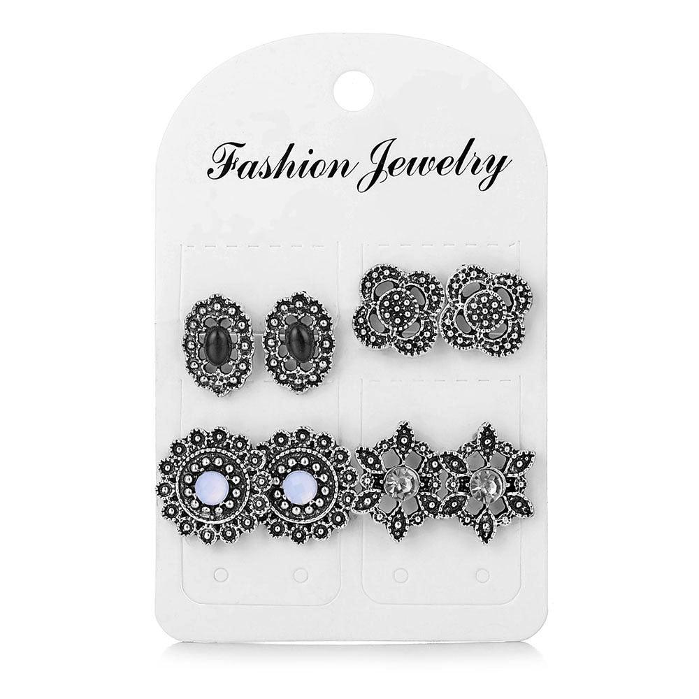 Retro Diamonds Flowers 4 Pairs Earings Set - BUNNY BAZAR