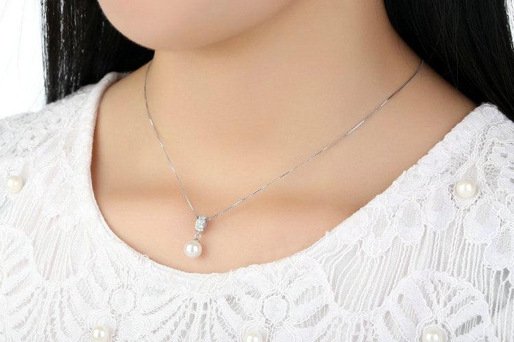 925 Sterling Silver Simulated Pearl Pendant Necklace Long Chain Necklace Jewelry Wedding Necklace - BUNNY BAZAR