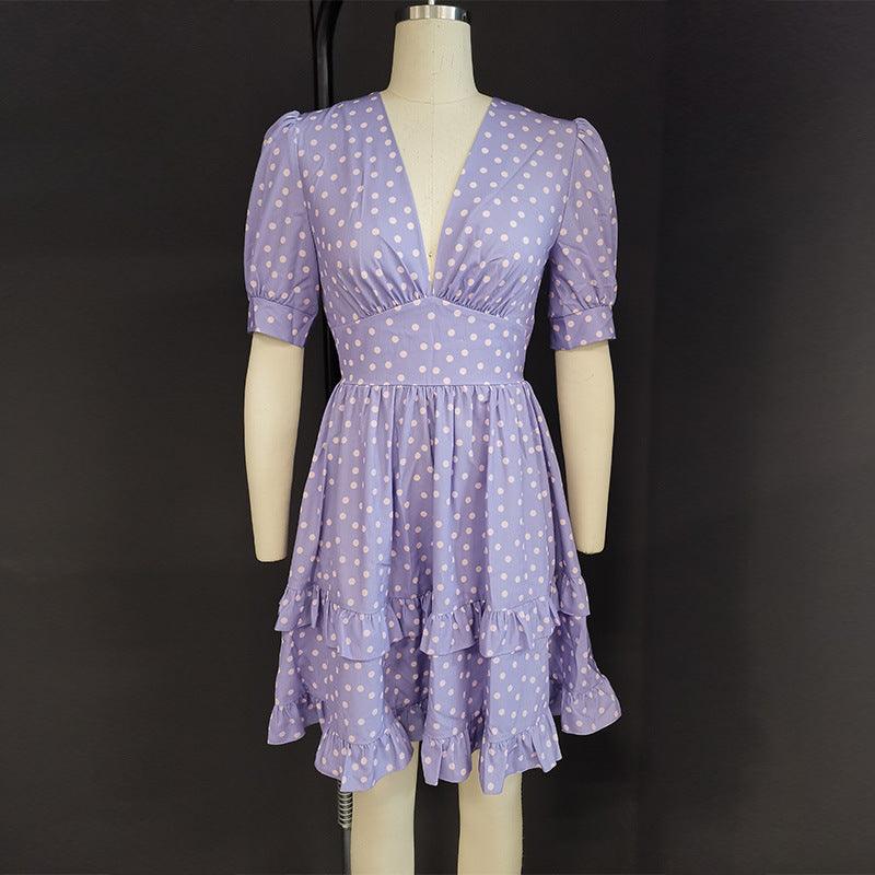 Short Sleeve Polka Dot Print Ruffle Dress Women - BUNNY BAZAR