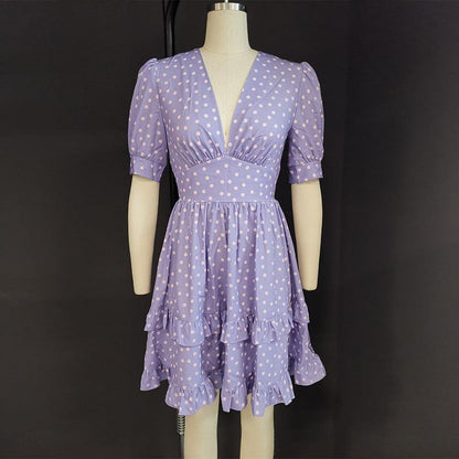 Short Sleeve Polka Dot Print Ruffle Dress Women - BUNNY BAZAR