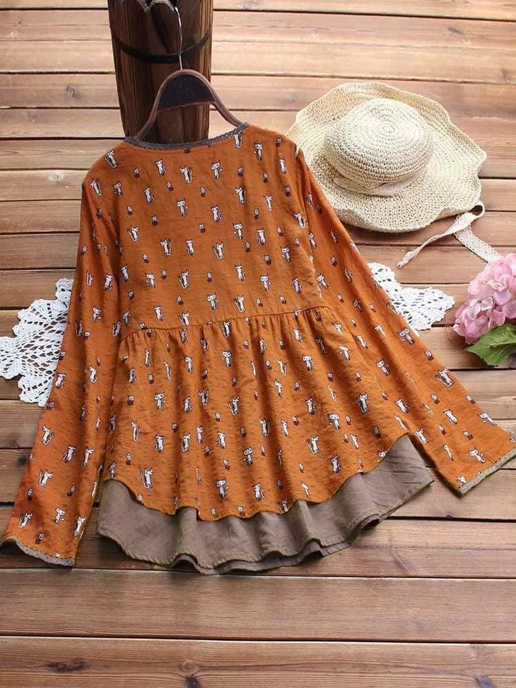 2021 spring new explosion cotton and linen printed fake two-piece shirt S-5XL - BUNNY BAZAR