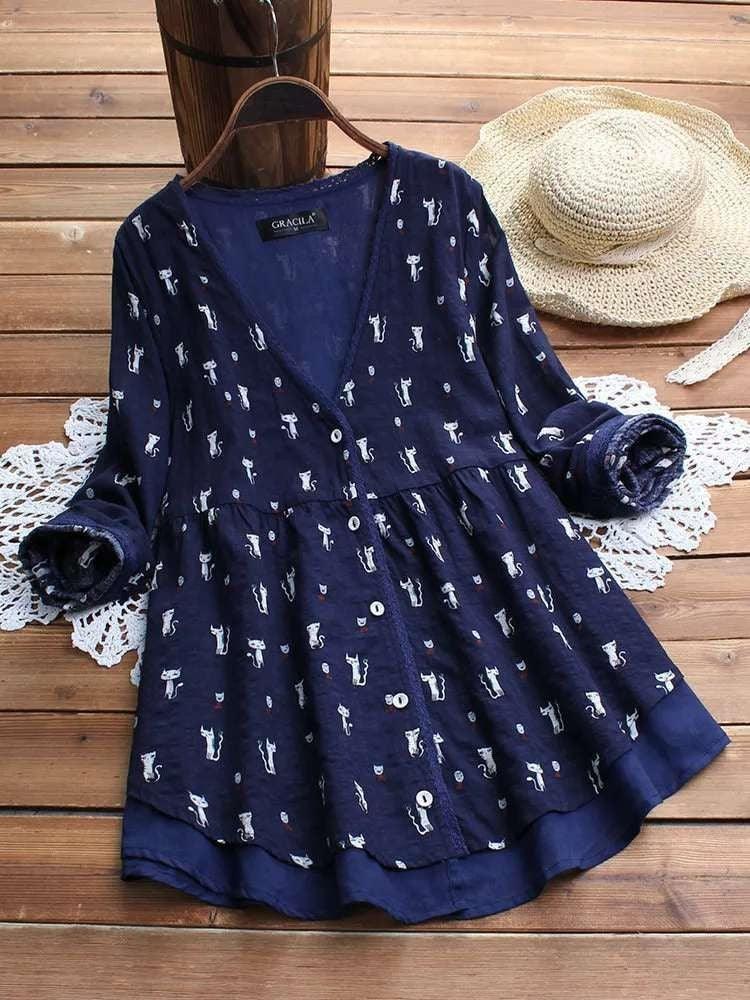 2021 spring new explosion cotton and linen printed fake two-piece shirt S-5XL - BUNNY BAZAR