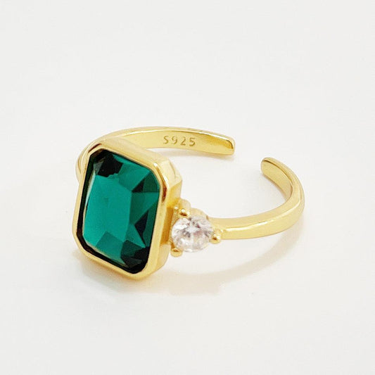 Nordic Style Simple Rectangular Green Diamond Female Silver Ring - BUNNY BAZAR