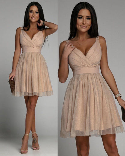 Women Elegant Glitter Sleeveless Deep V Neck Mesh Party Dress - BUNNY BAZAR