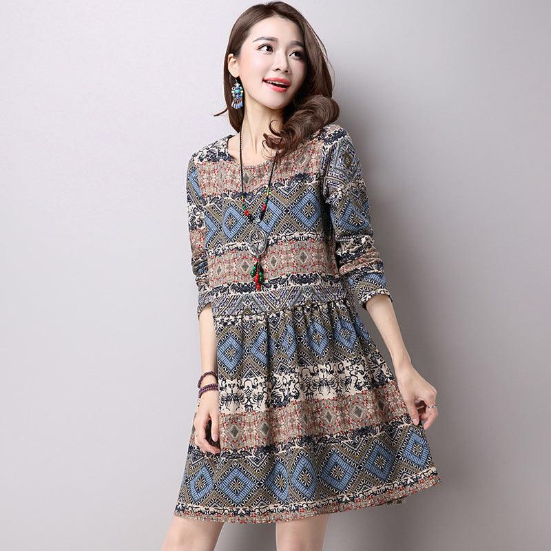 Ethnic style cotton and linen large size women's head geometric print long sleeve skirt dress - BUNNY BAZAR