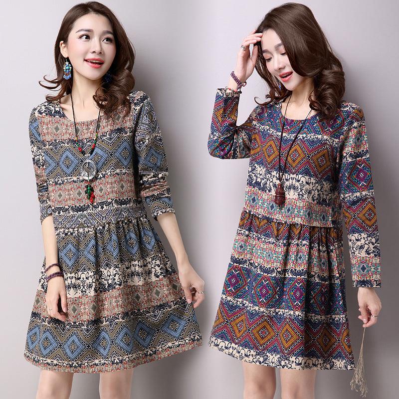 Ethnic style cotton and linen large size women's head geometric print long sleeve skirt dress - BUNNY BAZAR