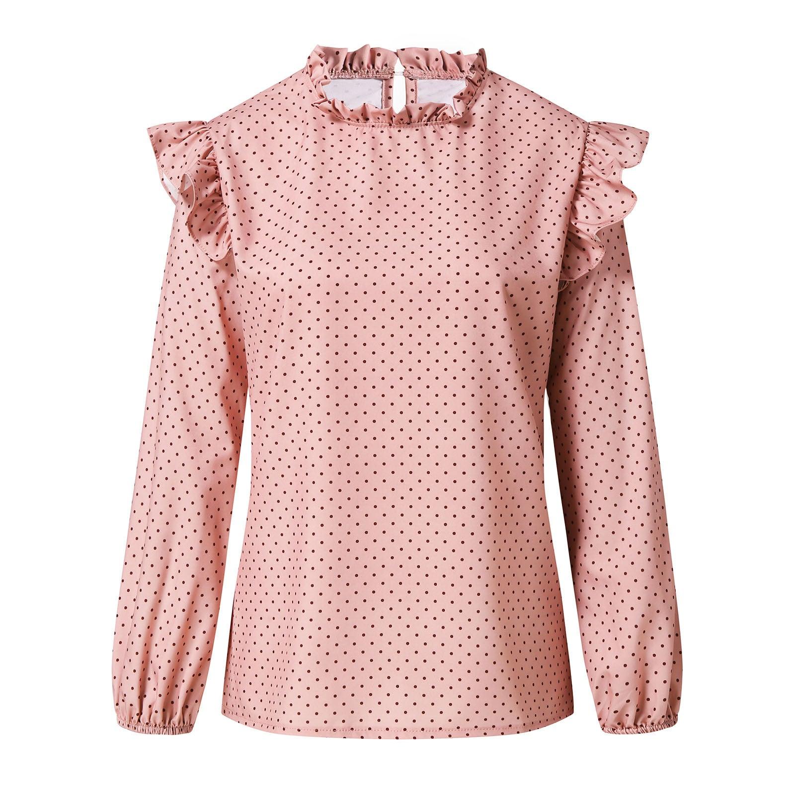 Ruffled Round Neck Pullover Polka Dot Shirt Top - BUNNY BAZAR