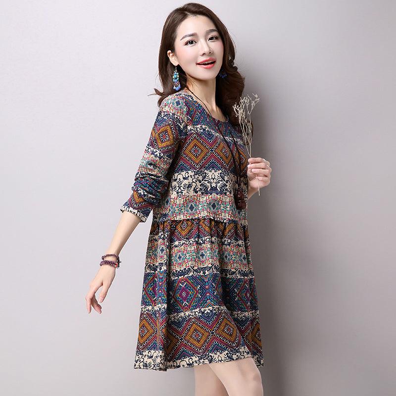 Ethnic style cotton and linen large size women's head geometric print long sleeve skirt dress - BUNNY BAZAR