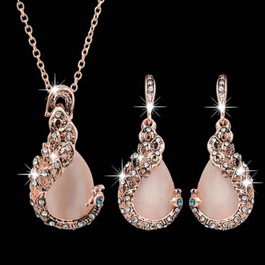 Retro Water Drop Necklace And Earrings Two-piece Set With Diamonds - BUNNY BAZAR
